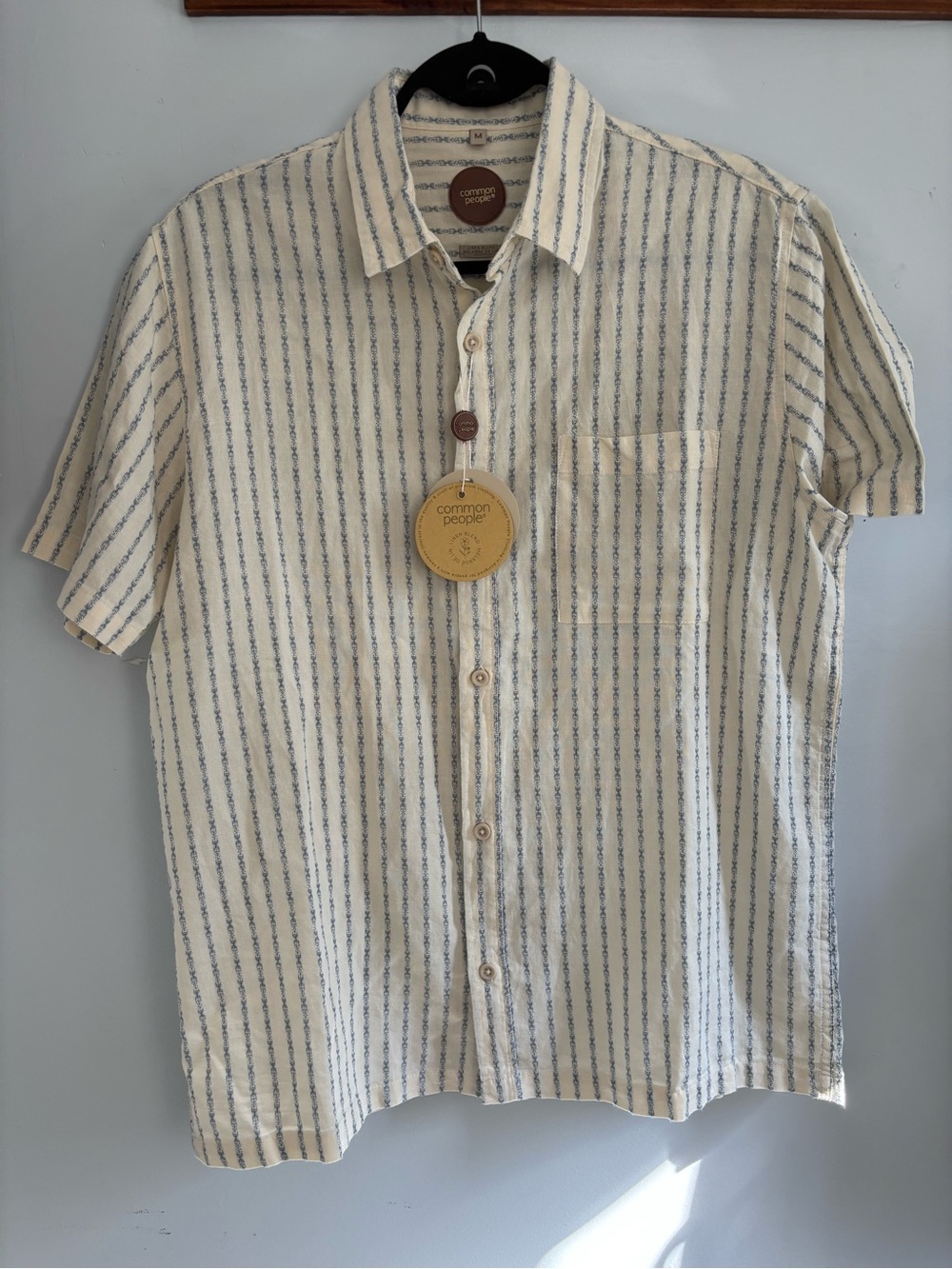 Common People Cream Short-Sleeve Button-Down with Navy Stripe